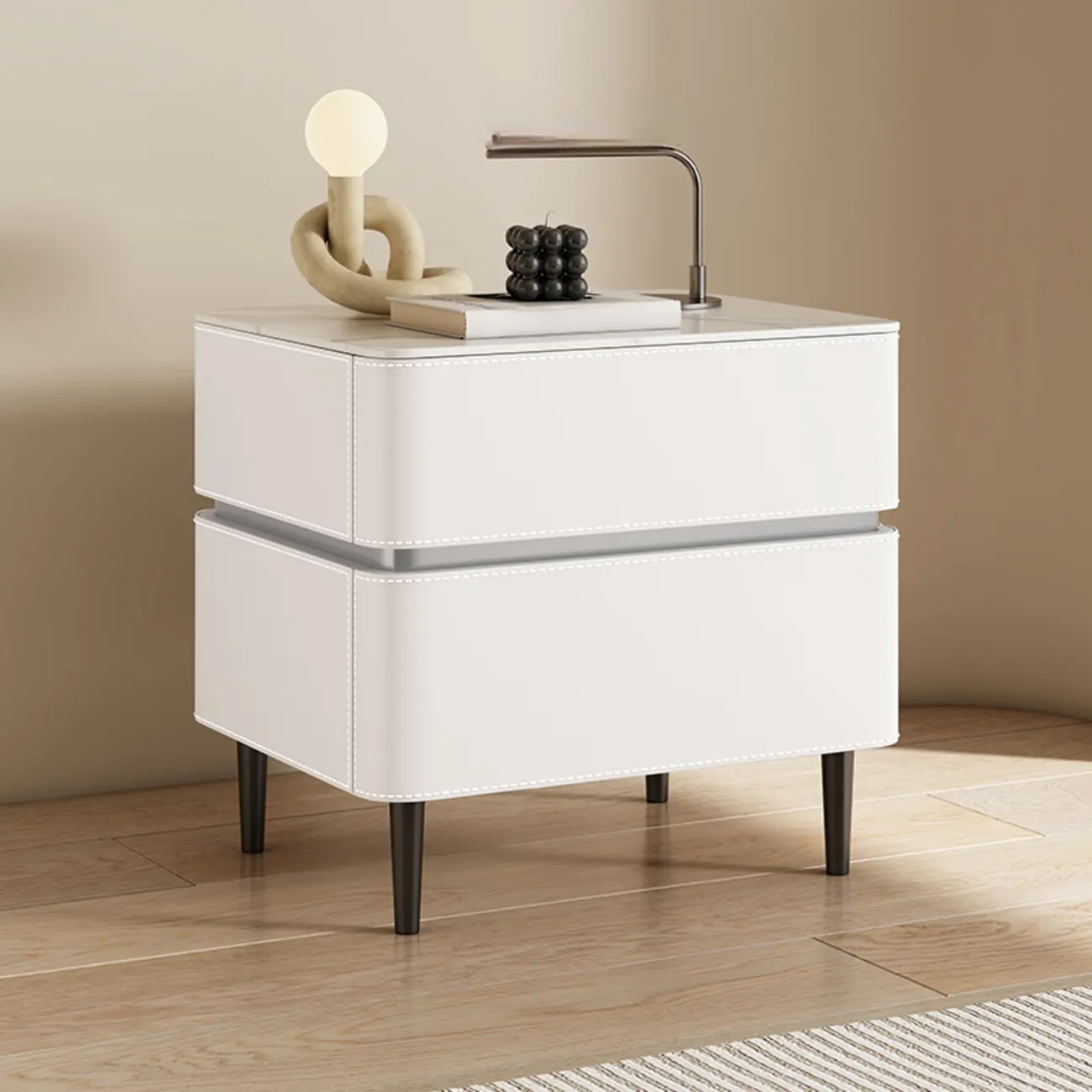 Modern Faux Marble Top Leather Rounded 2-Drawer Nightstand Image - 4 | homeyfad