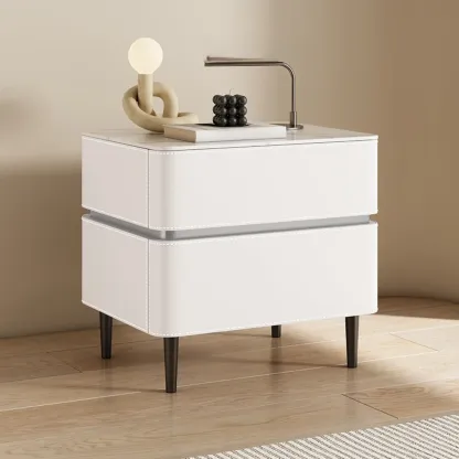 Modern Faux Marble Top Leather Rounded 2-Drawer Nightstand Image - 4