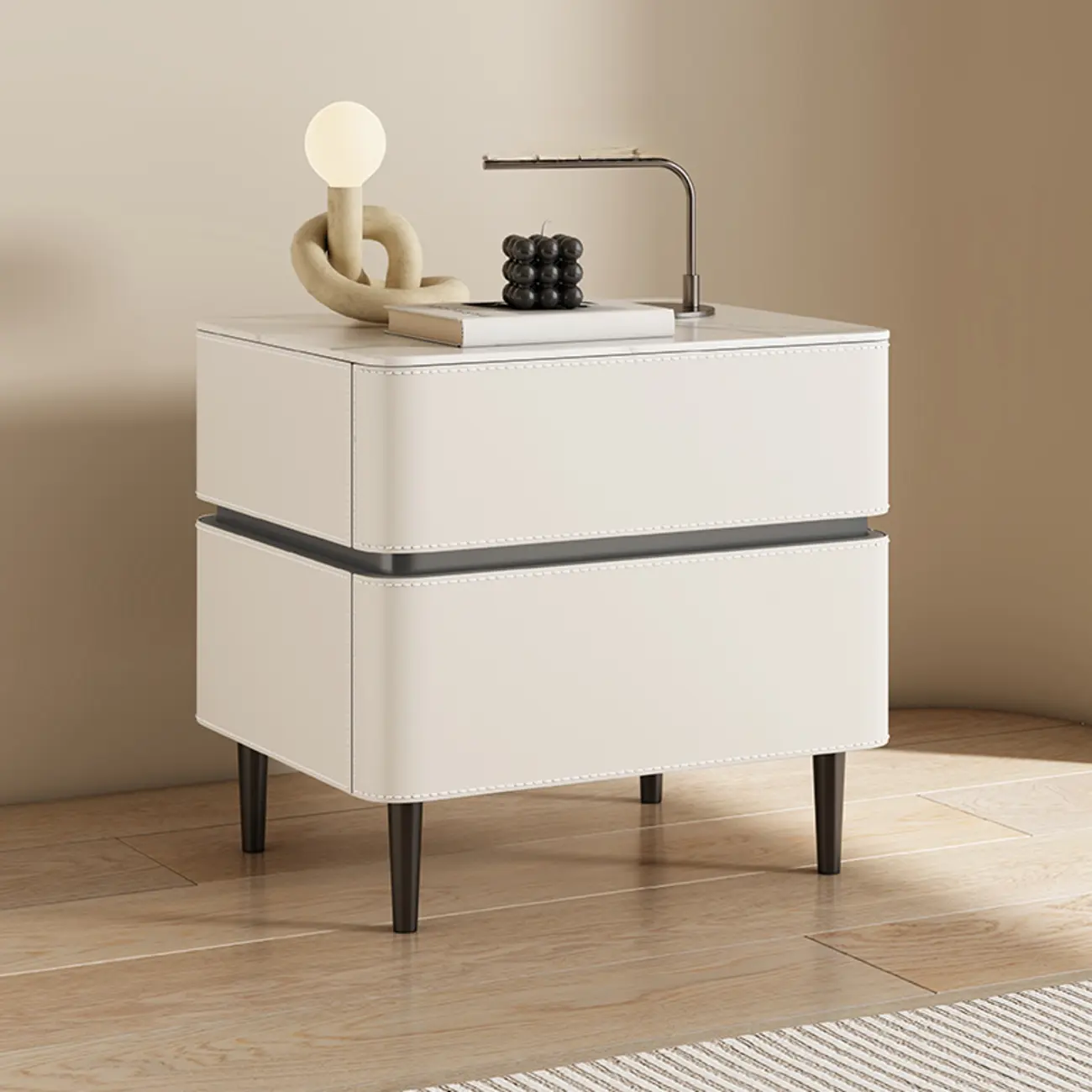 Modern Faux Marble Top Leather Rounded 2-Drawer Nightstand Image - 5 | homeyfad