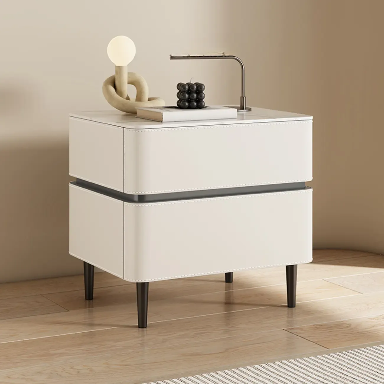Modern Faux Marble Top Leather Rounded 2-Drawer Nightstand Image - 5