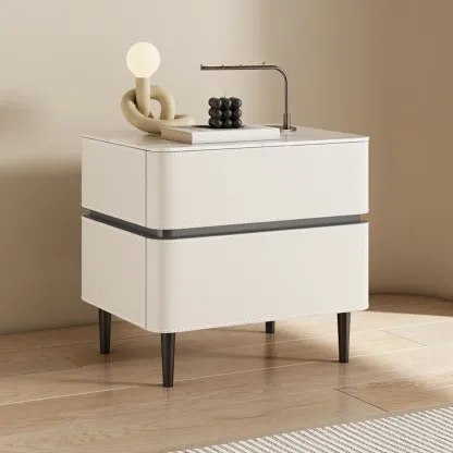 Modern Faux Marble Top Leather Rounded 2-Drawer Nightstand Image - 5