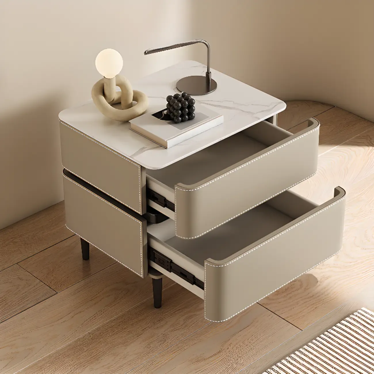 Modern Faux Marble Top Leather Rounded 2-Drawer Nightstand Image - 3