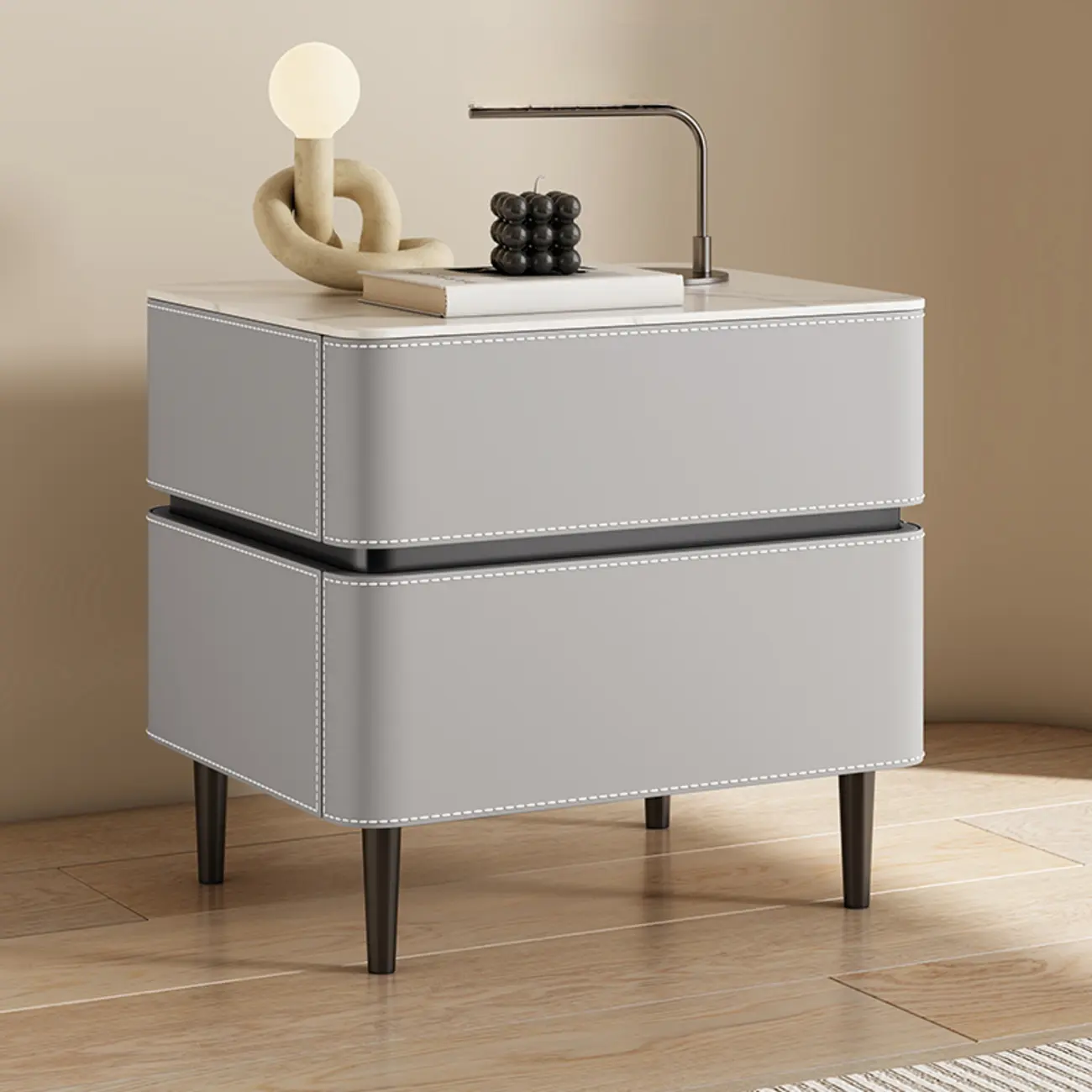 Modern Faux Marble Top Leather Rounded 2-Drawer Nightstand Image - 6 | homeyfad