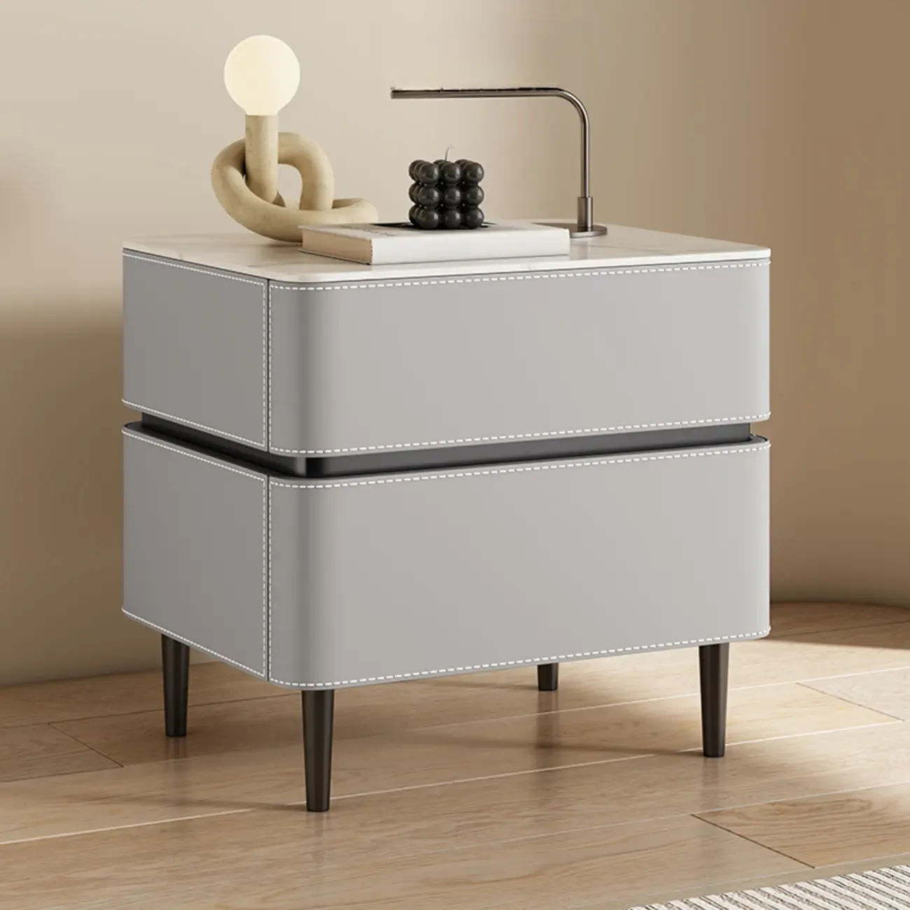 Modern Faux Marble Top Leather Rounded 2-Drawer Nightstand Image - 6