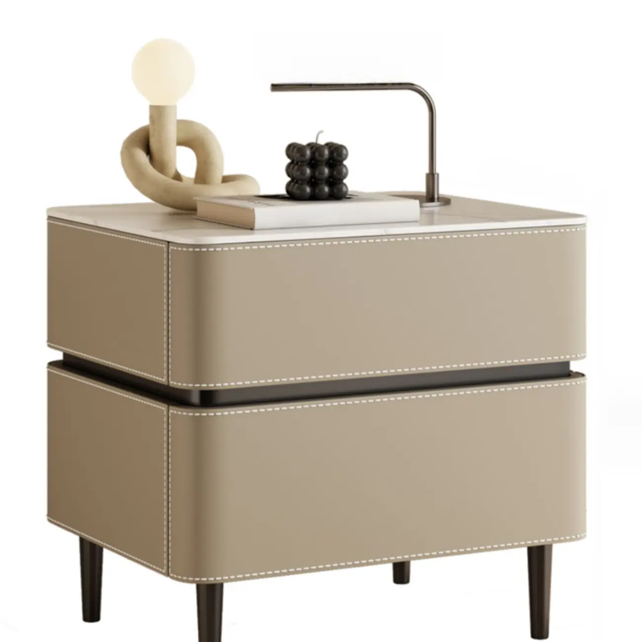 Modern Faux Marble Top Leather Rounded 2-Drawer Nightstand Image - 11 | homeyfad