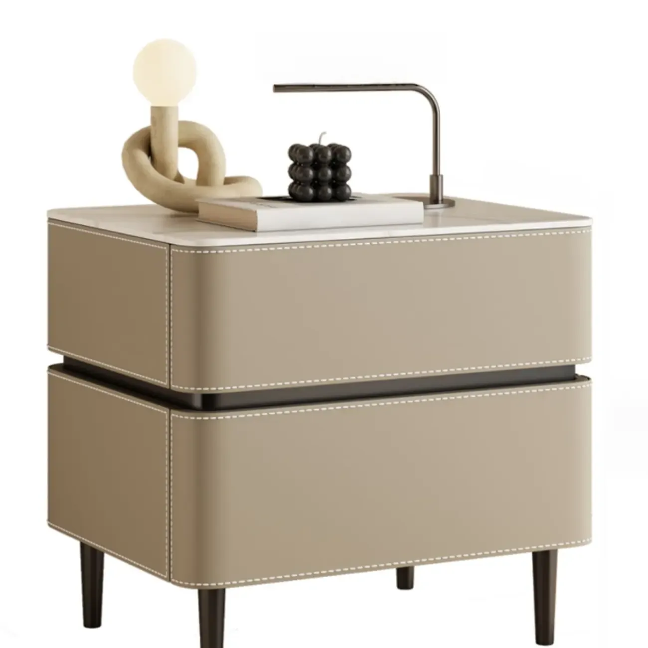 Modern Faux Marble Top Leather Rounded 2-Drawer Nightstand Image - 11