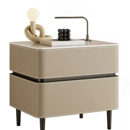 Modern Faux Marble Top Leather Rounded 2-Drawer Nightstand Image - 11