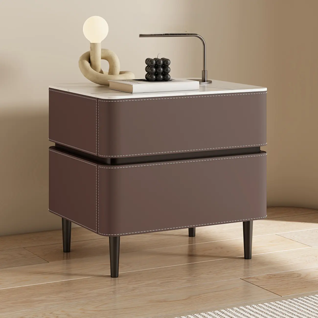 Modern Faux Marble Top Leather Rounded 2-Drawer Nightstand Image - 10 | homeyfad