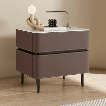 Modern Faux Marble Top Leather Rounded 2-Drawer Nightstand Image - 10