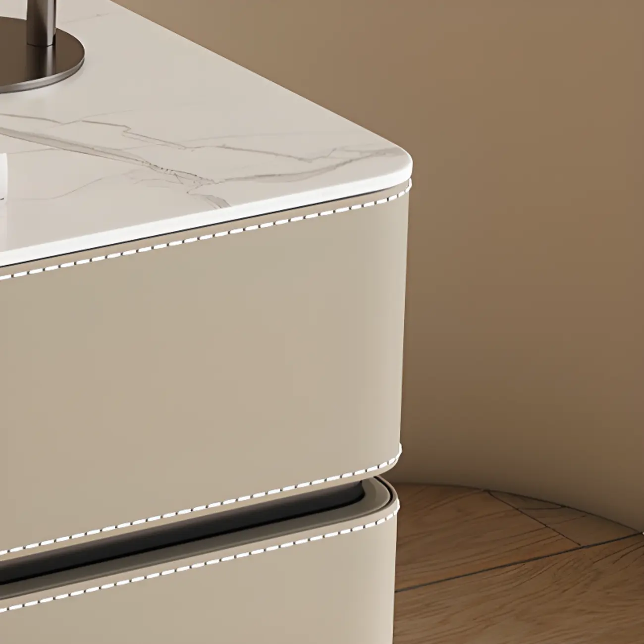 Modern Faux Marble Top Leather Rounded 2-Drawer Nightstand Image - 13 | homeyfad