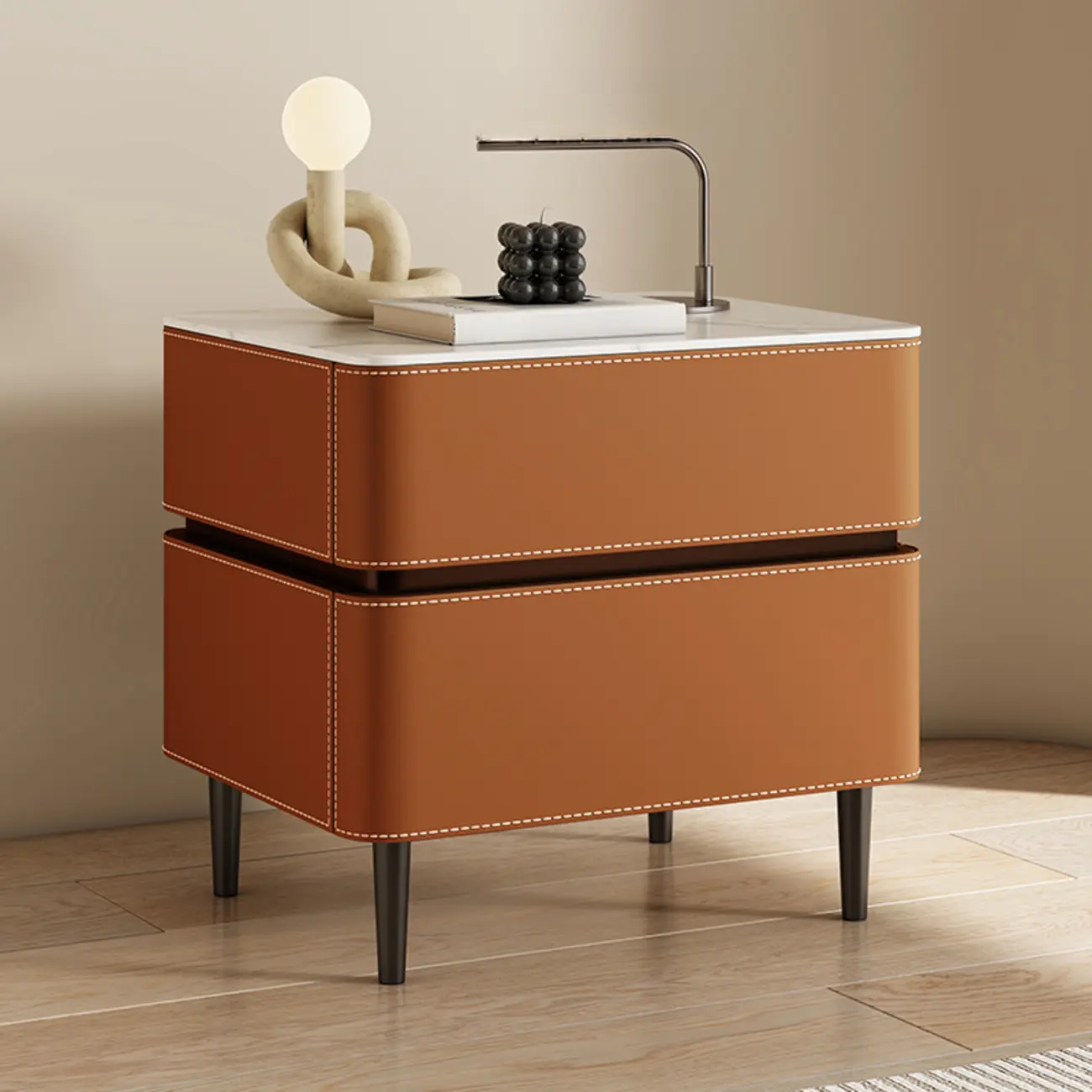 Modern Faux Marble Top Leather Rounded 2-Drawer Nightstand Image - 8 | homeyfad