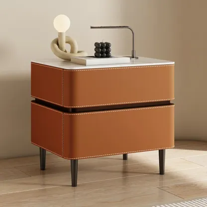 Modern Faux Marble Top Leather Rounded 2-Drawer Nightstand Image - 8