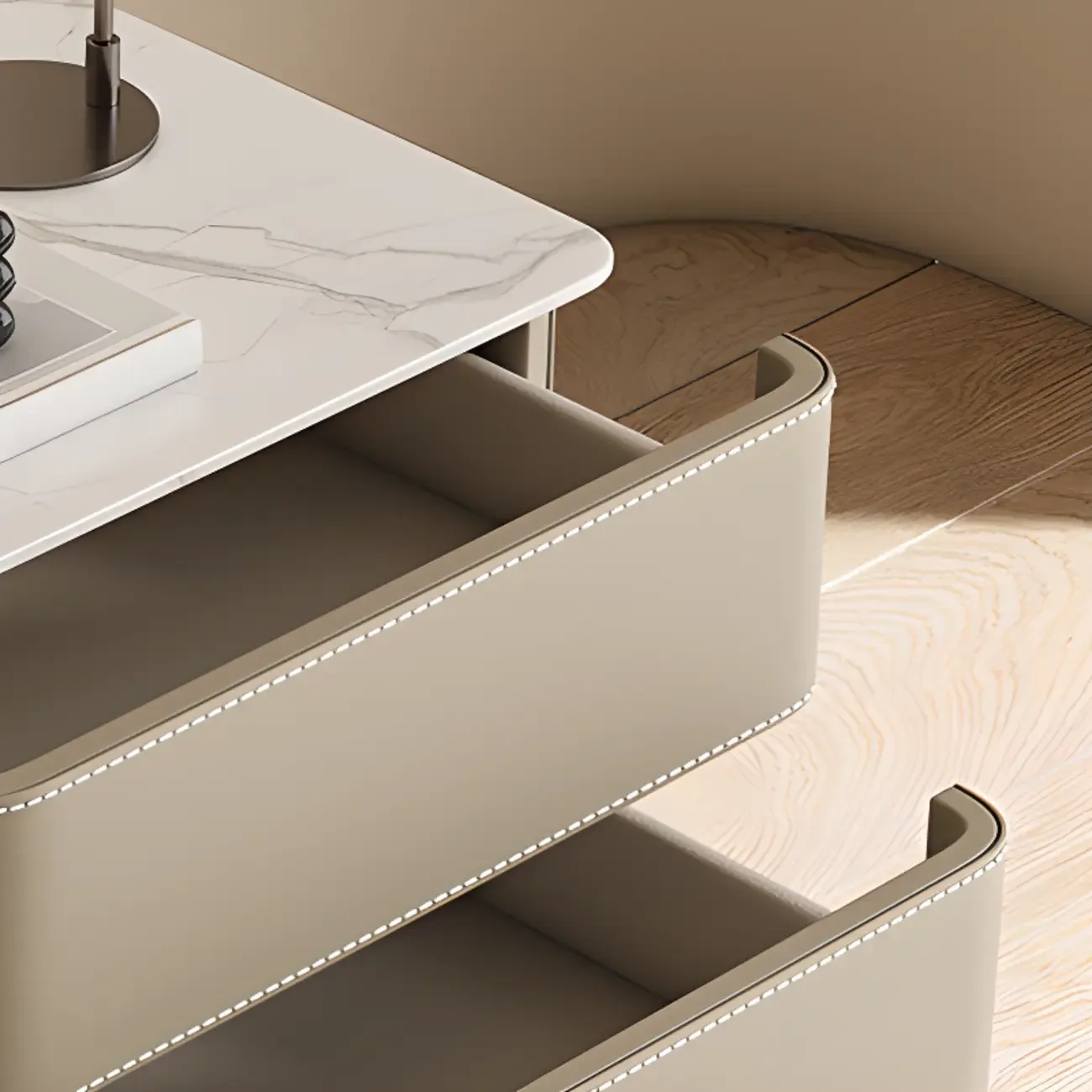 Modern Faux Marble Top Leather Rounded 2-Drawer Nightstand Image - 15