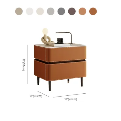 Modern Faux Marble Top Leather Rounded 2-Drawer Nightstand Image - 19