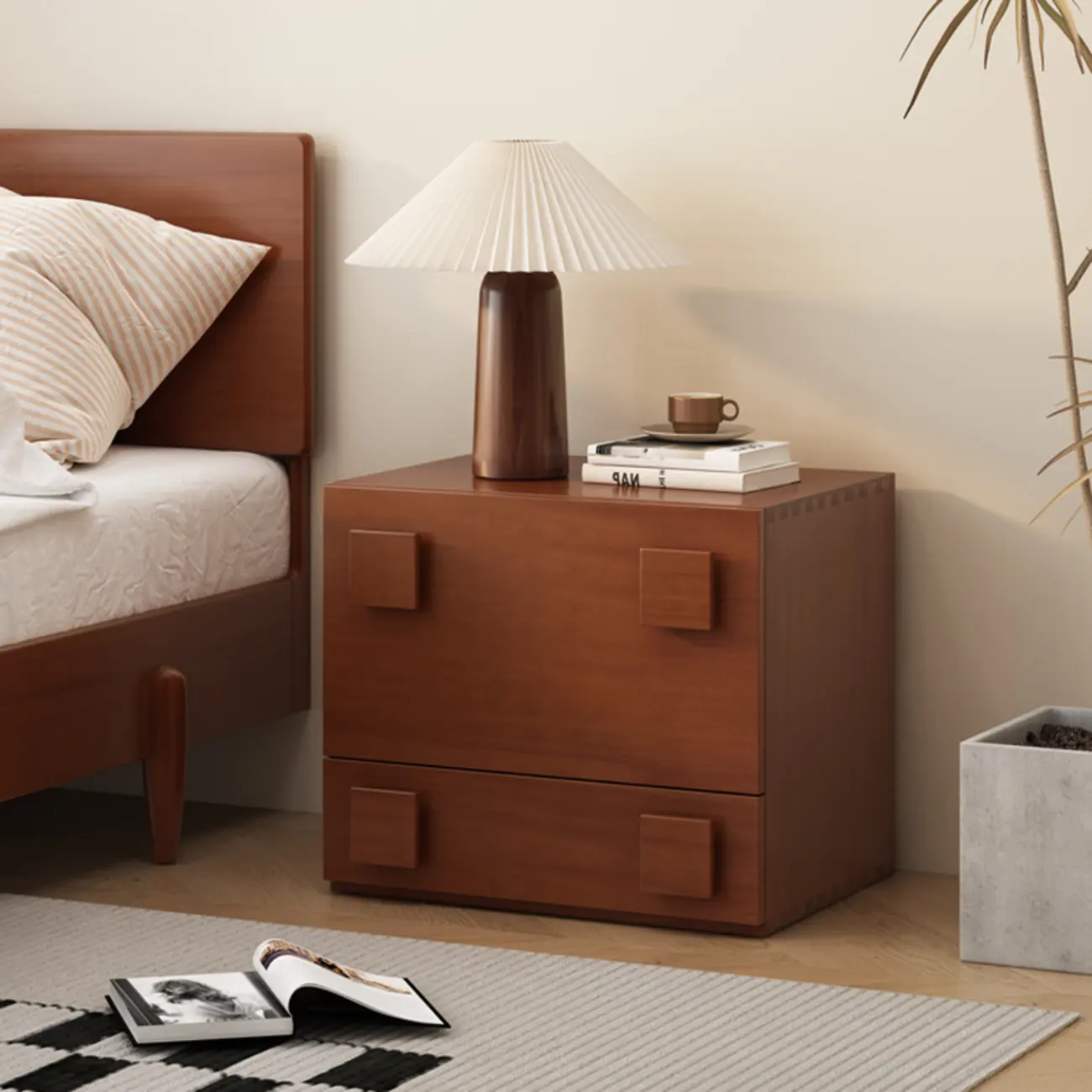 Cubical Solid Wood Double Drawer Nightstand in Nut-Brown Image - 2 | homeyfad