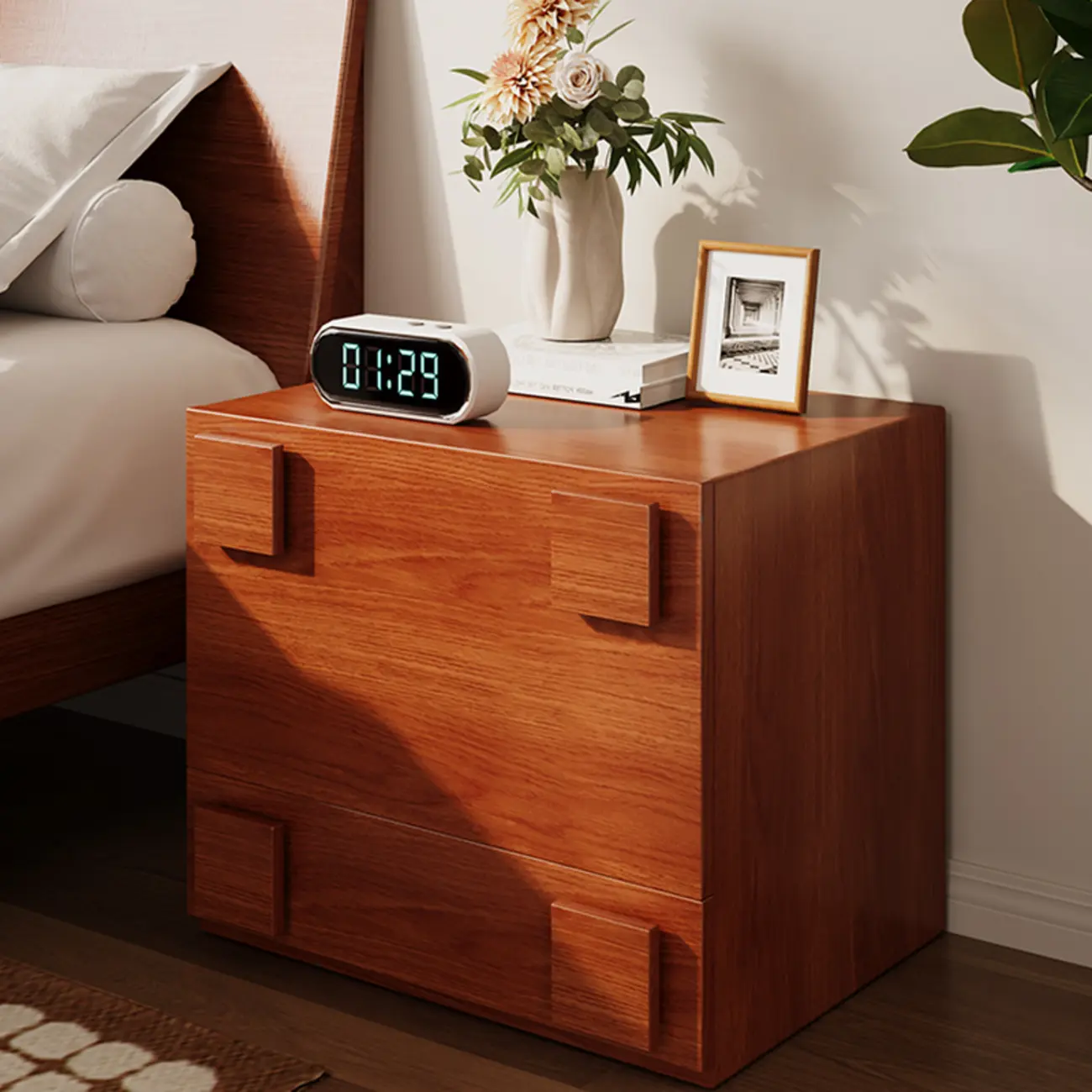Cubical Solid Wood Double Drawer Nightstand in Nut-Brown Image - 6 | homeyfad