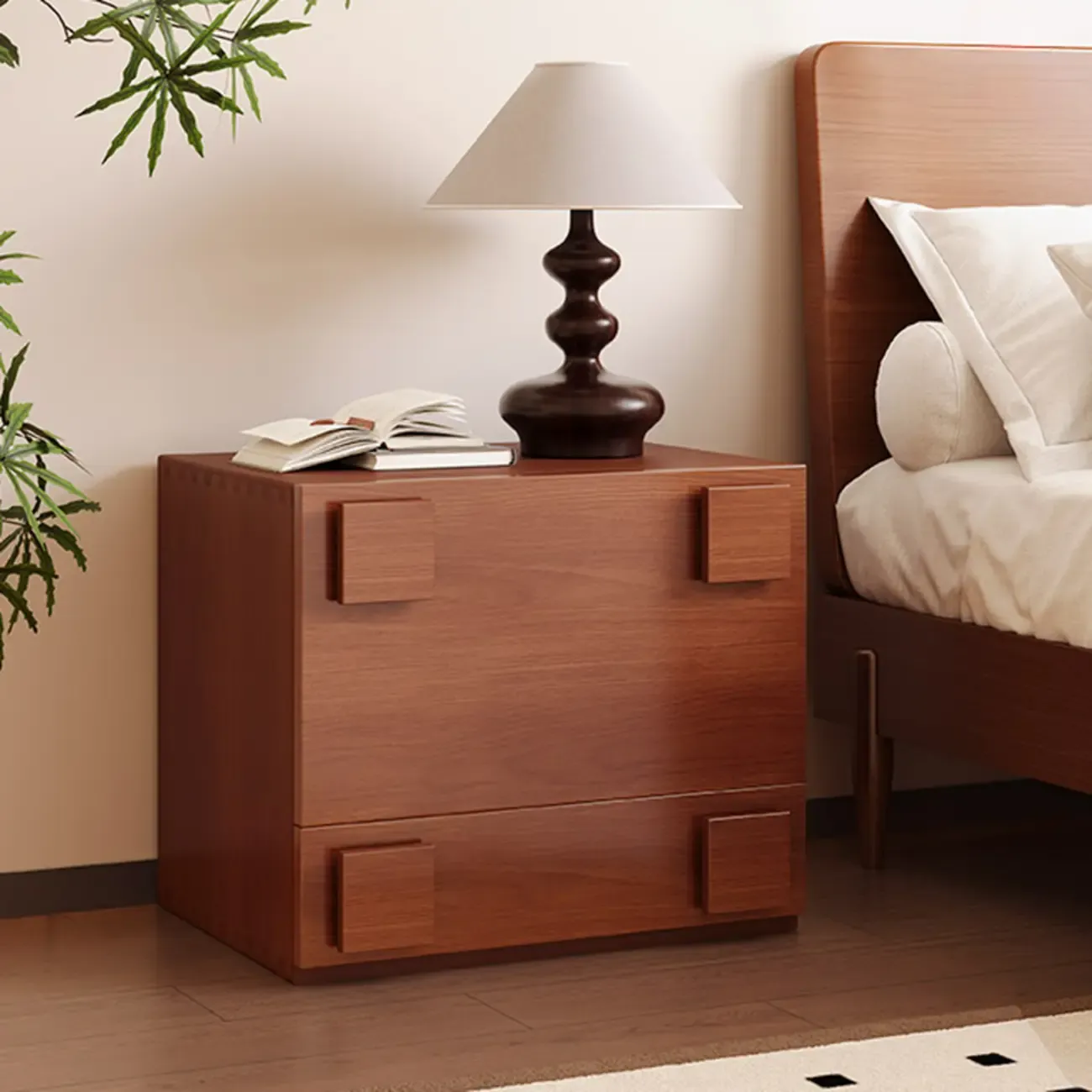 Cubical Solid Wood Double Drawer Nightstand in Nut-Brown Image - 1