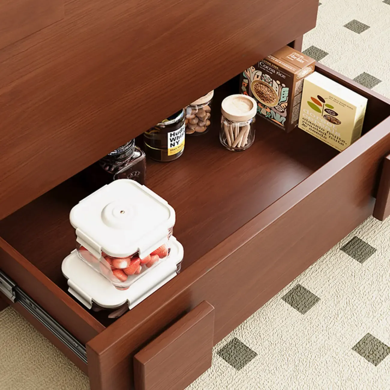 Cubical Solid Wood Double Drawer Nightstand in Nut-Brown Image - 9