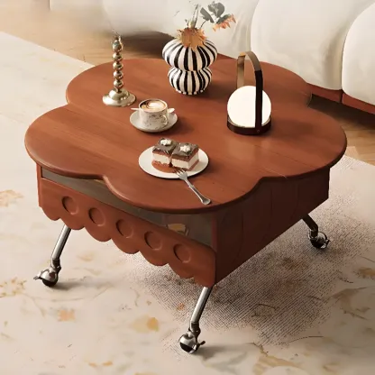 Adjustable Walnut Wood Flower Shaped Coffee Table with Wheels Image - 1