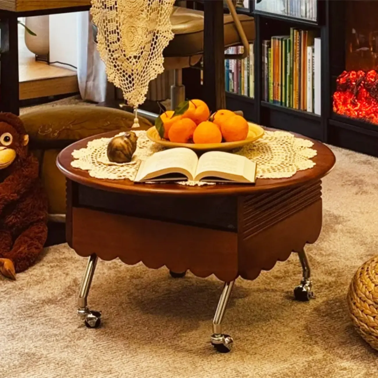 Adjustable Walnut Wood Flower Shaped Coffee Table with Wheels Image - 2 | homeyfad