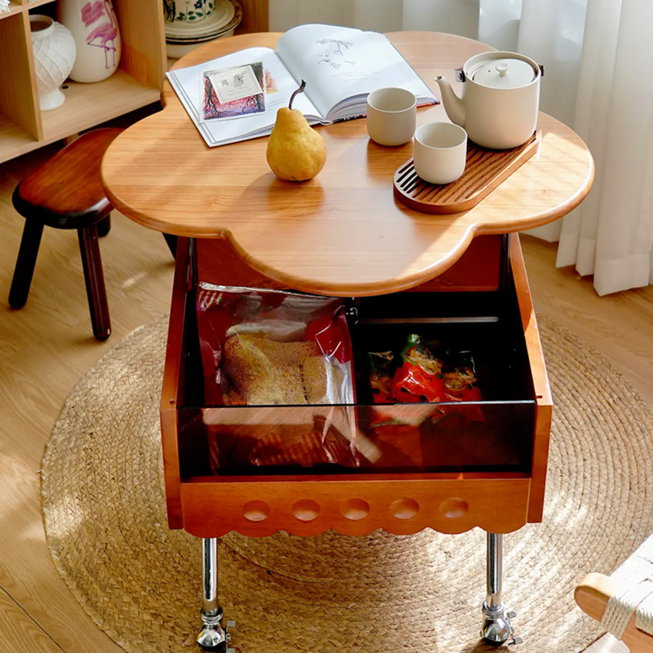 Adjustable Walnut Wood Flower Shaped Coffee Table with Wheels Image - 3 | homeyfad