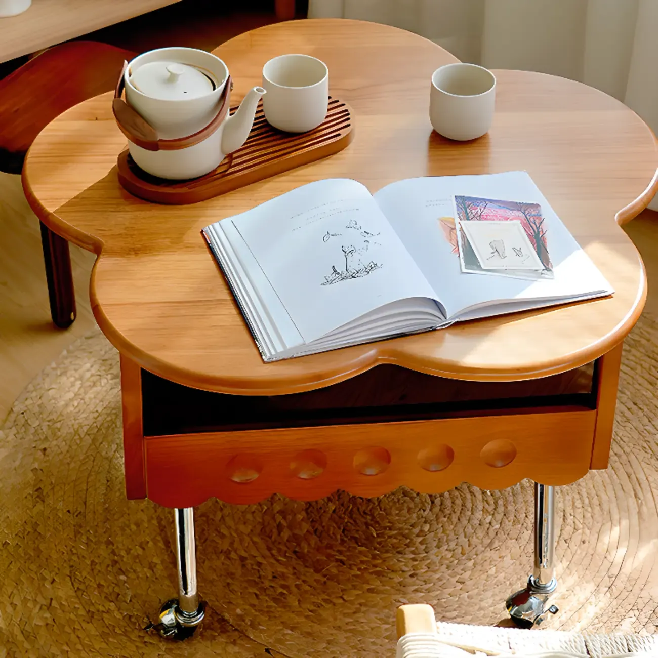 Adjustable Walnut Wood Flower Shaped Coffee Table with Wheels Image - 5