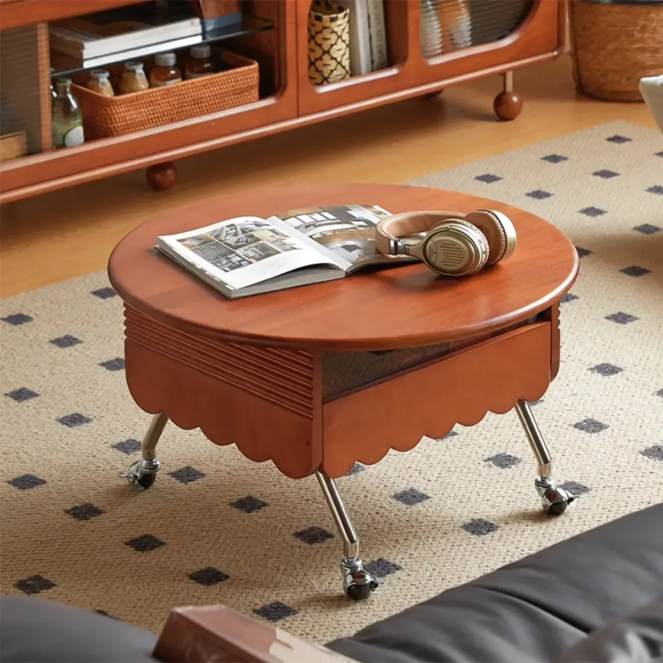 Adjustable Walnut Wood Flower Shaped Coffee Table with Wheels Image - 6