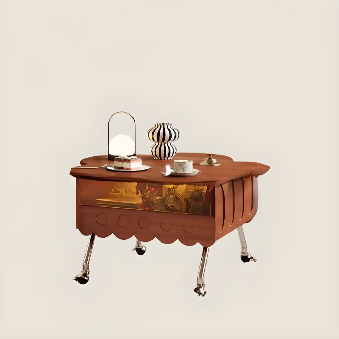 Adjustable Walnut Wood Flower Shaped Coffee Table with Wheels Image - 7