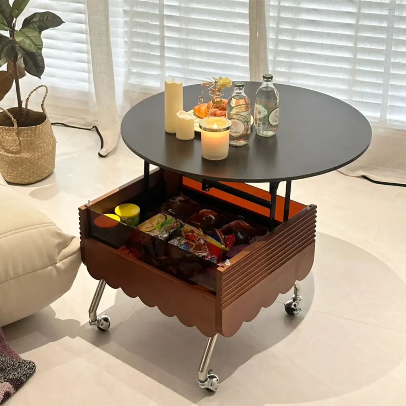 Adjustable Walnut Wood Flower Shaped Coffee Table with Wheels Image - 8 | homeyfad