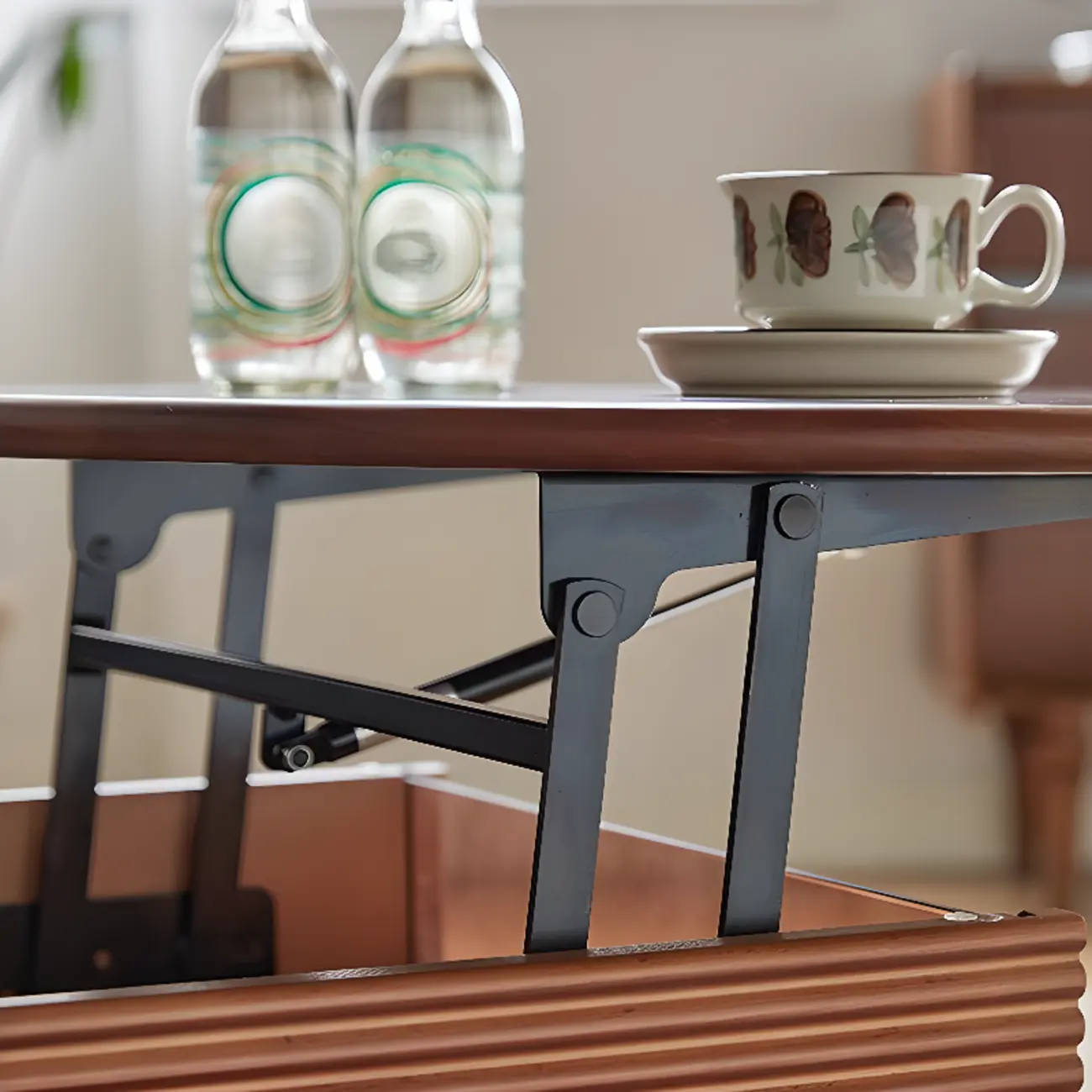 Adjustable Walnut Wood Flower Shaped Coffee Table with Wheels Image - 10 | homeyfad