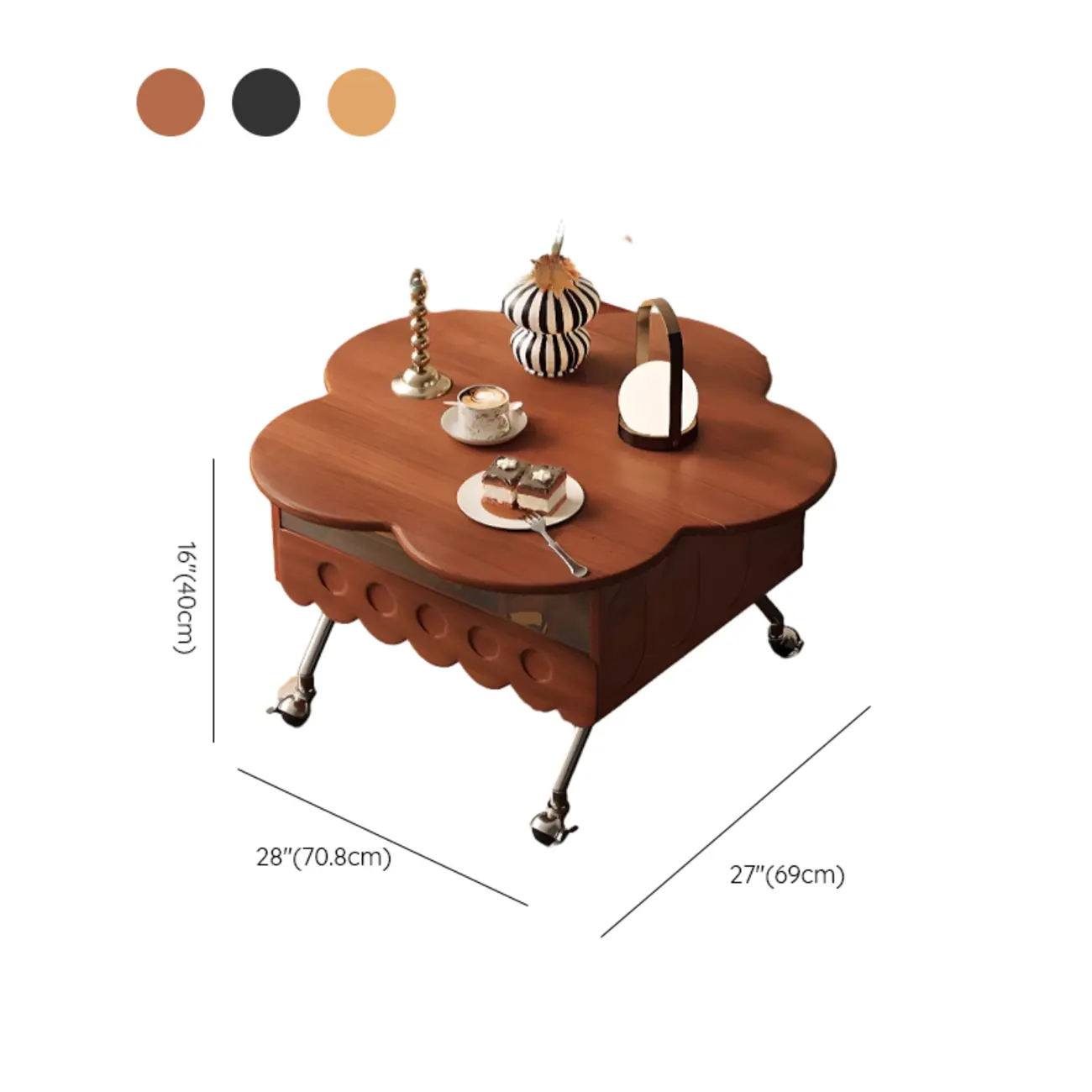 Adjustable Walnut Wood Flower Shaped Coffee Table with Wheels #size