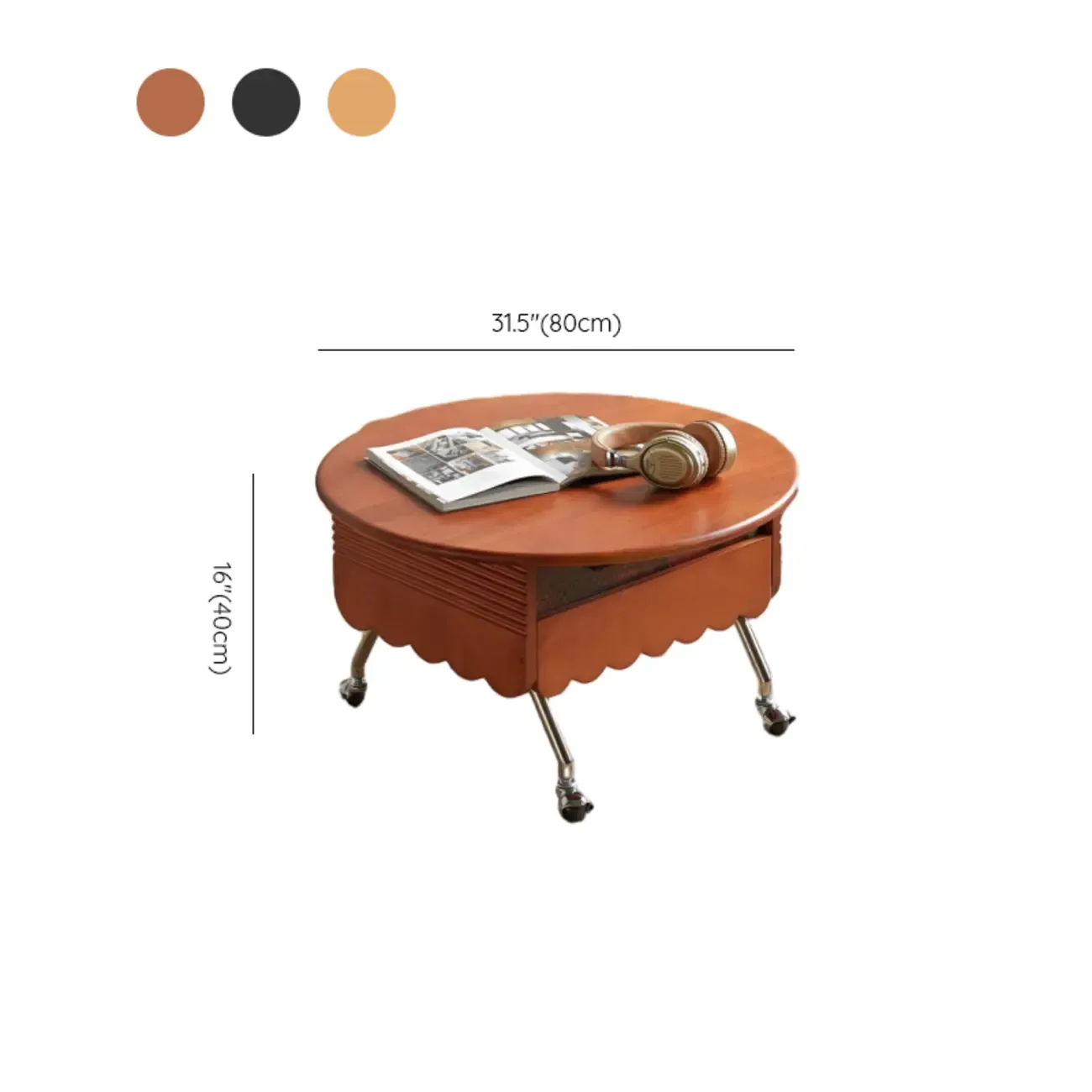 Adjustable Walnut Wood Flower Shaped Coffee Table with Wheels Image - 14