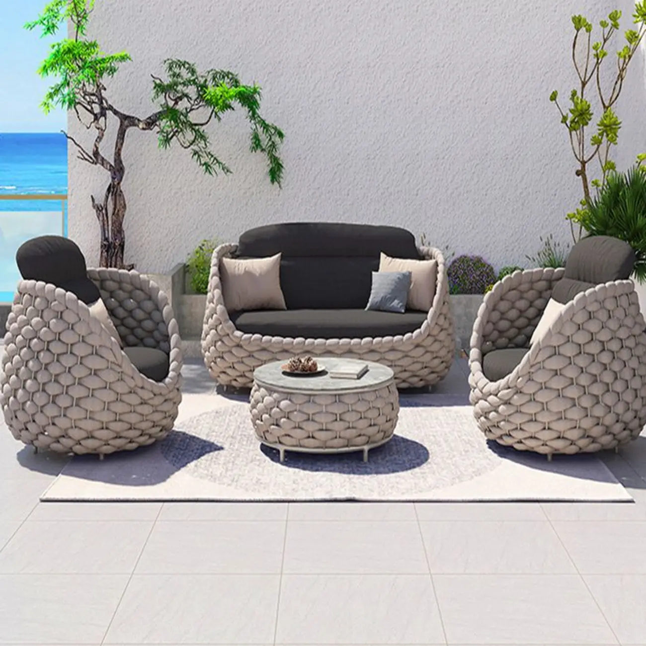 UV Resistant Modern Beige Outdoor Sofa with Thick Cushion Image - 2 | homeyfad