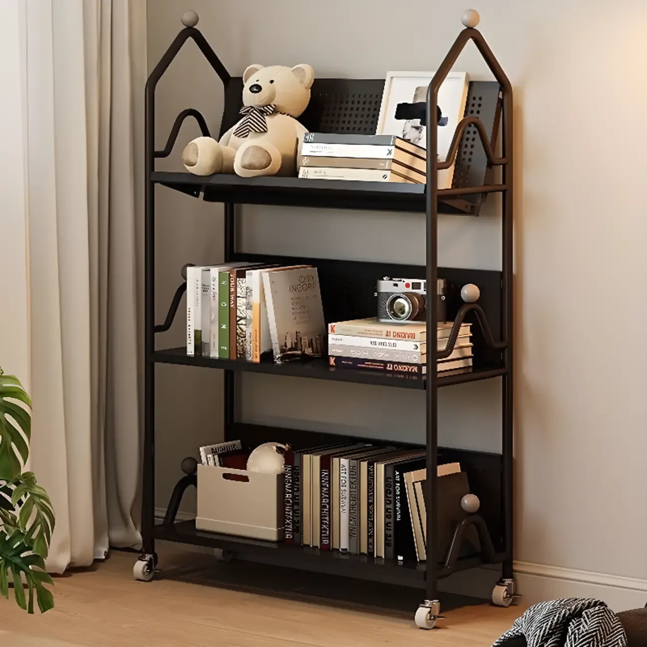 Modern Minimalist White/ Black 3-Tier Metal Rolling Bookshelf Image - 1