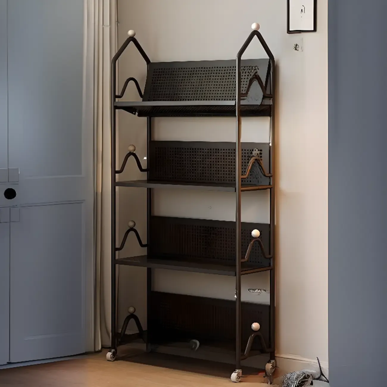 Modern Minimalist White/ Black 3-Tier Metal Rolling Bookshelf Image - 3