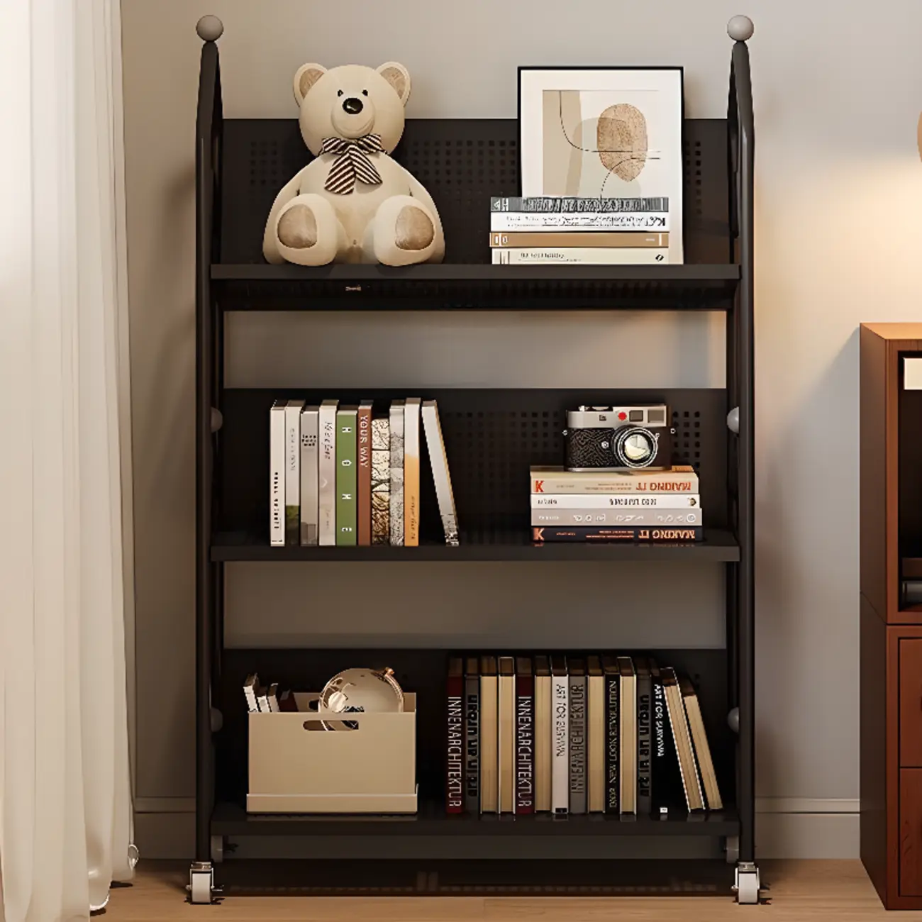 Modern Minimalist White/ Black 3-Tier Metal Rolling Bookshelf Image - 4 | homeyfad