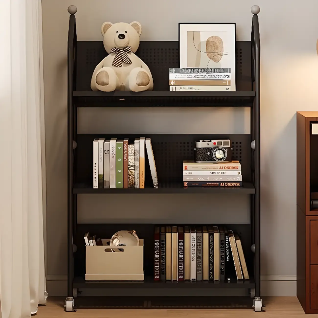 Modern Minimalist White/ Black 3-Tier Metal Rolling Bookshelf Image - 4