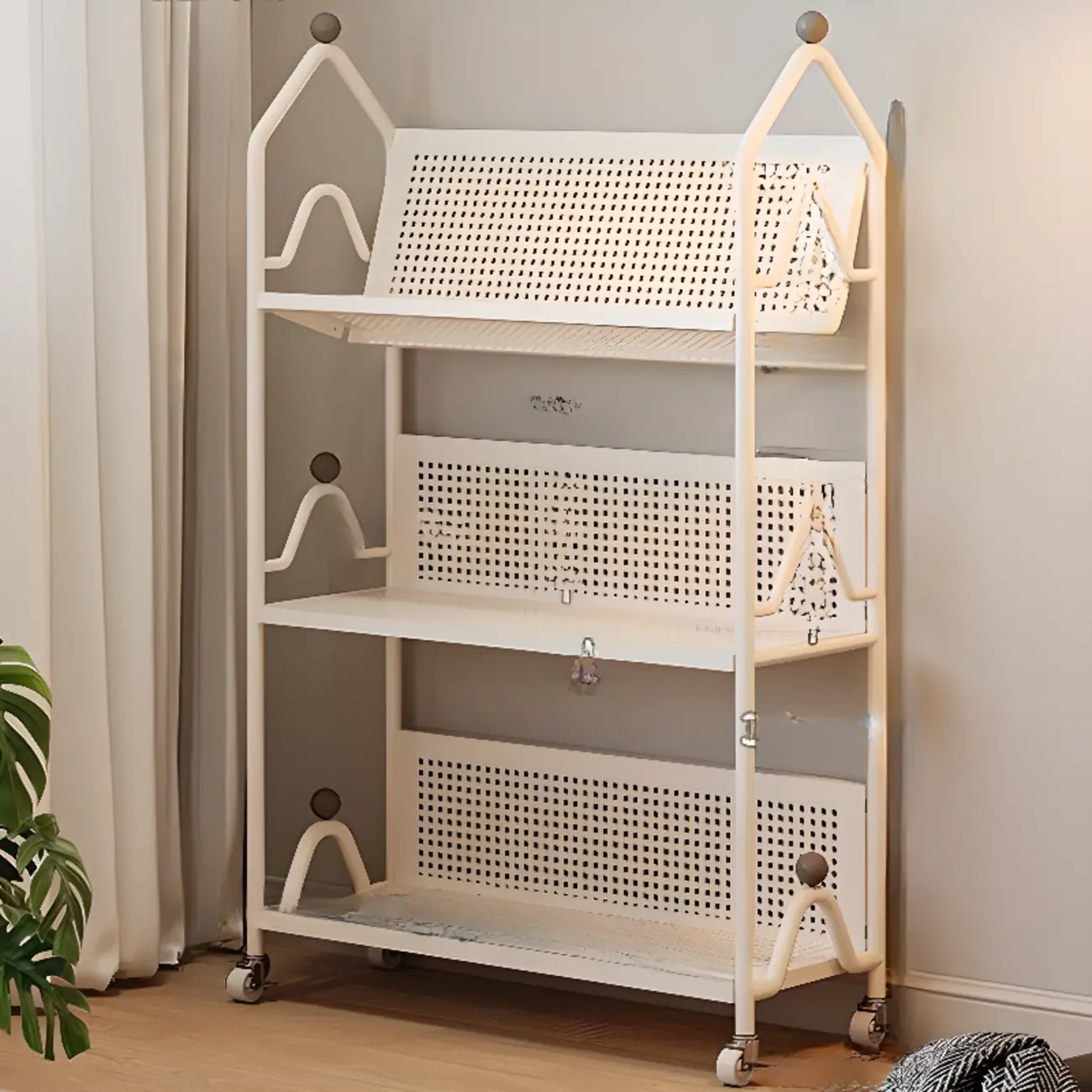 Modern Minimalist White/ Black 3-Tier Metal Rolling Bookshelf Image - 5 | homeyfad