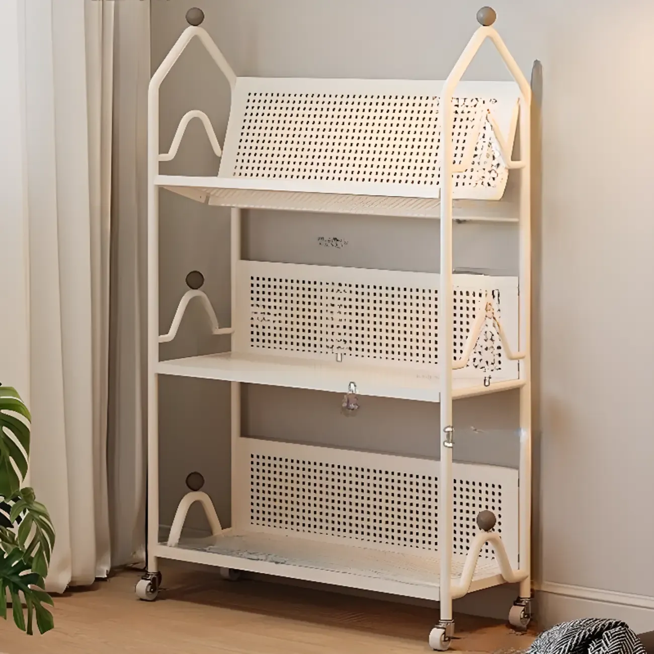 Modern Minimalist White/ Black 3-Tier Metal Rolling Bookshelf Image - 5