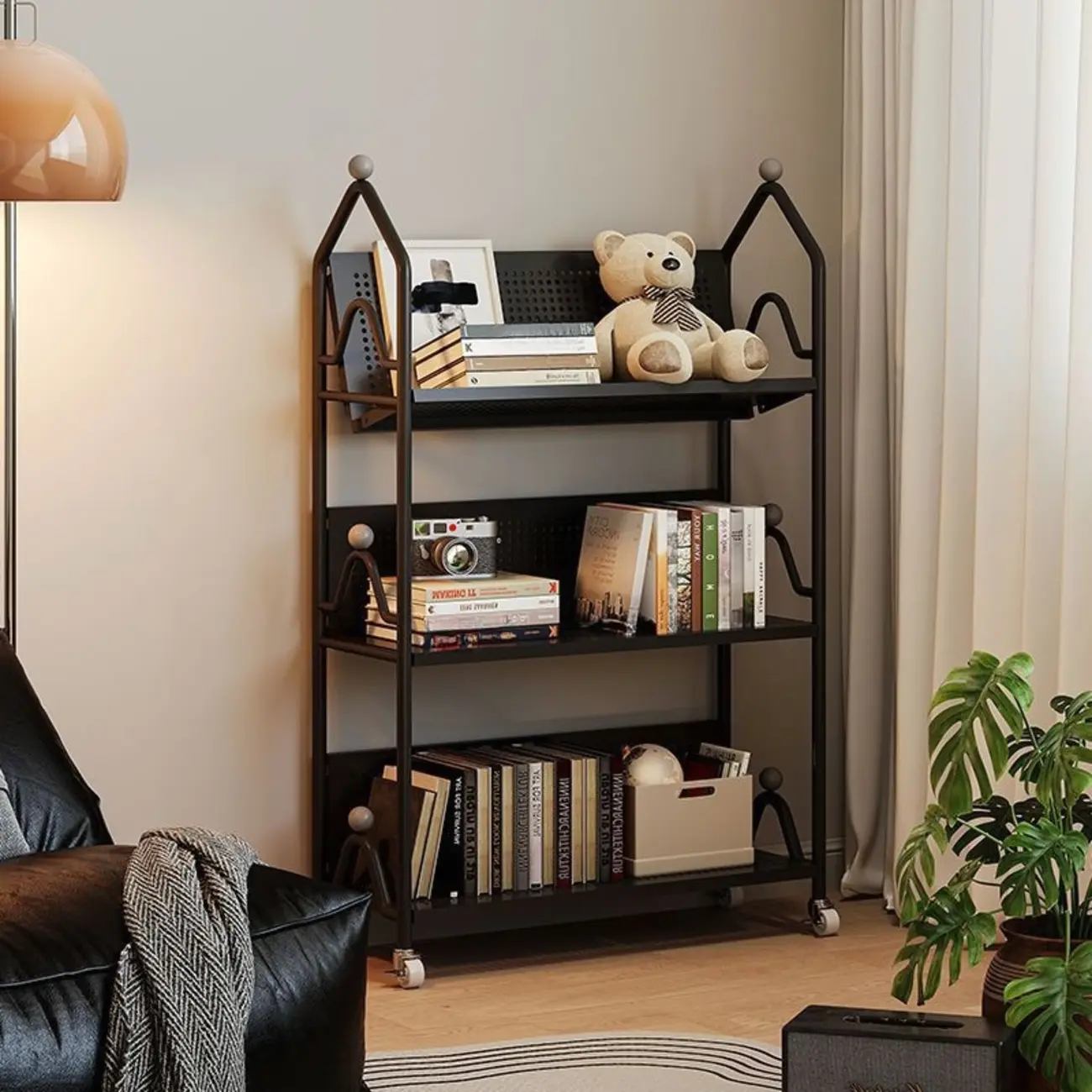 Modern Minimalist White/ Black 3-Tier Metal Rolling Bookshelf Image - 6 | homeyfad