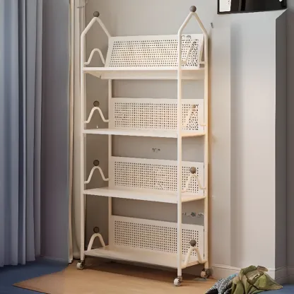 Modern Minimalist White/ Black 3-Tier Metal Rolling Bookshelf Image - 7