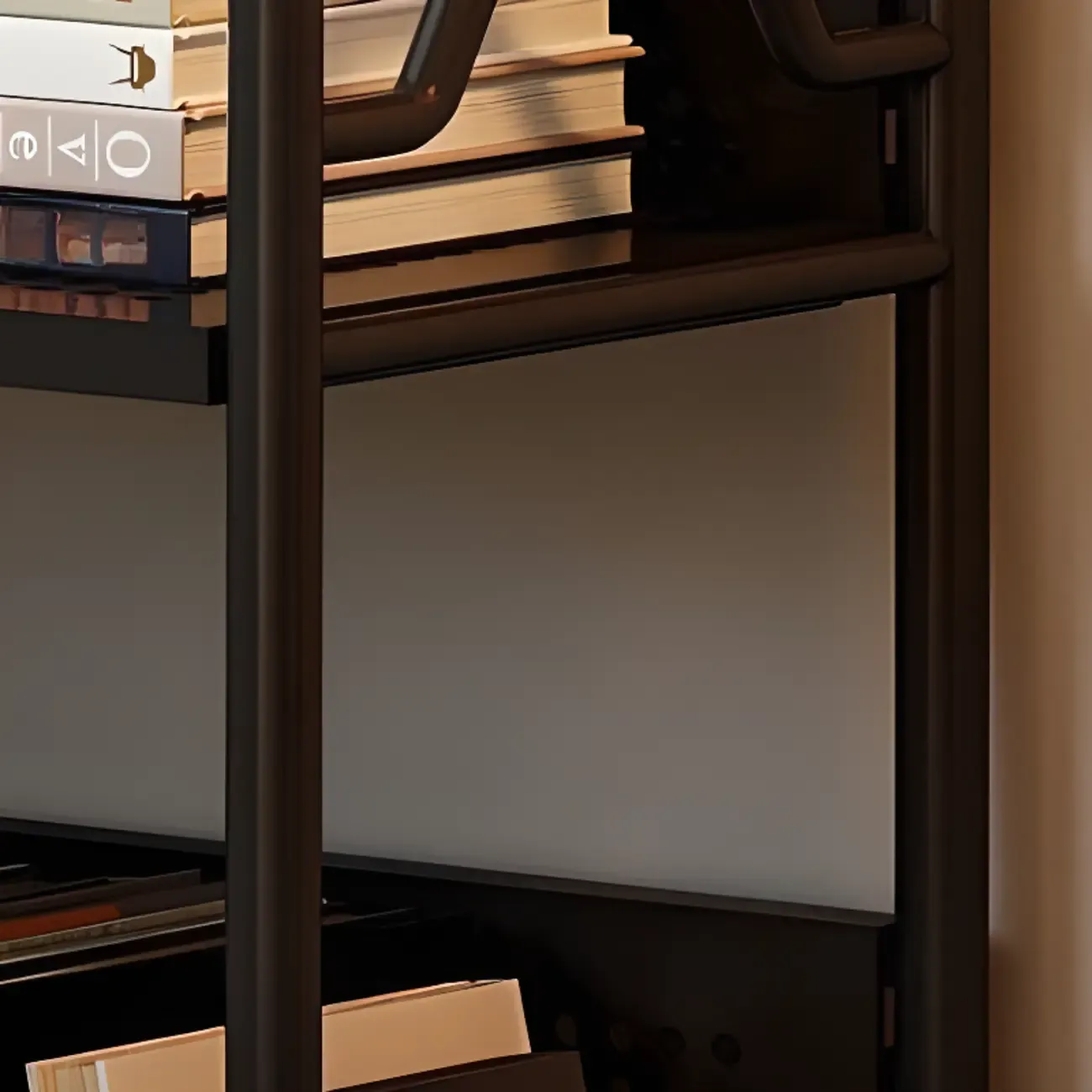 Modern Minimalist White/ Black 3-Tier Metal Rolling Bookshelf Image - 10