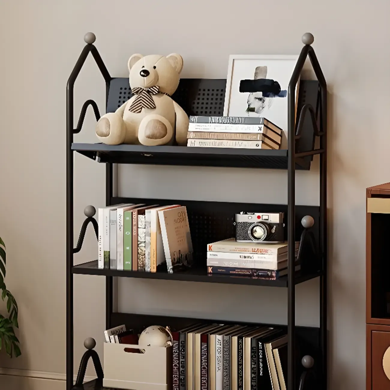 Modern Minimalist White/ Black 3-Tier Metal Rolling Bookshelf Image - 12