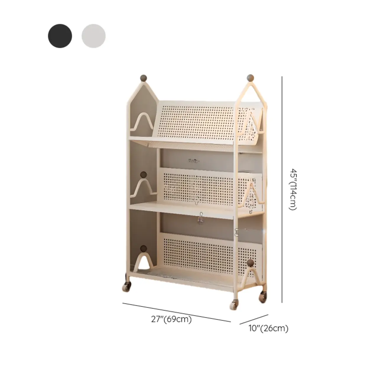 Modern Minimalist White/ Black 3-Tier Metal Rolling Bookshelf #size