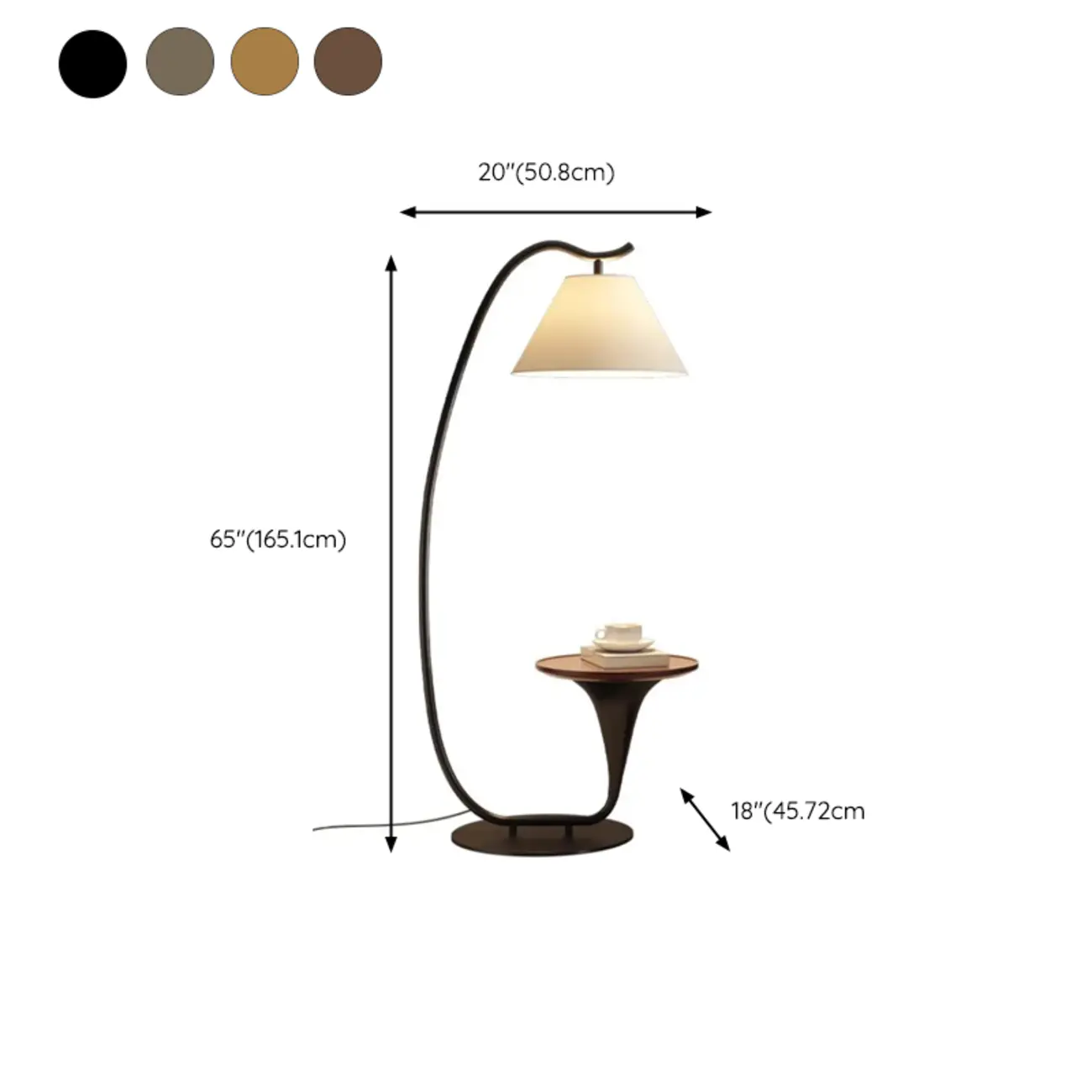 Minimalist Walnut Arc Floor Lamp with Table & Fabric Shade  #size