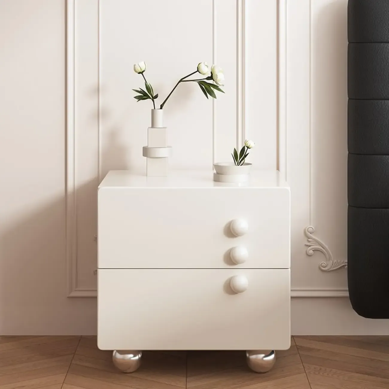 Contemporary Glossy Cream Wooden 2-Drawer Nightstand Image - 1