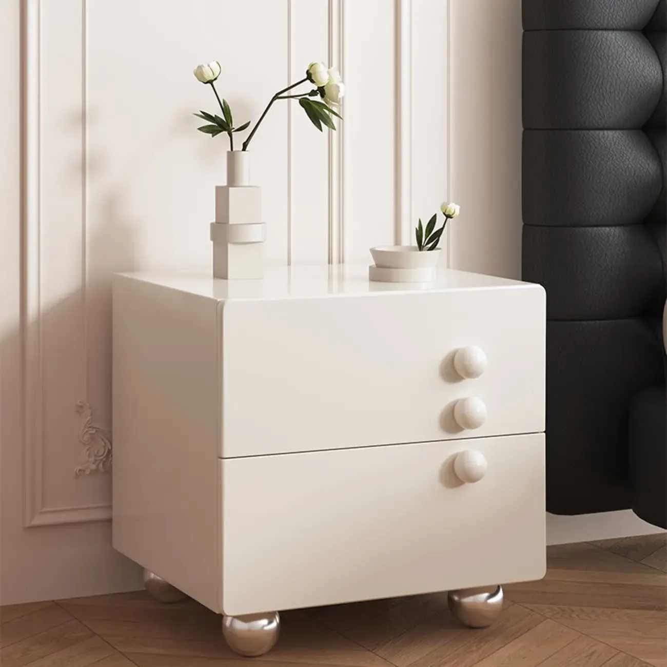 Contemporary Glossy Cream Wooden 2-Drawer Nightstand Image - 2