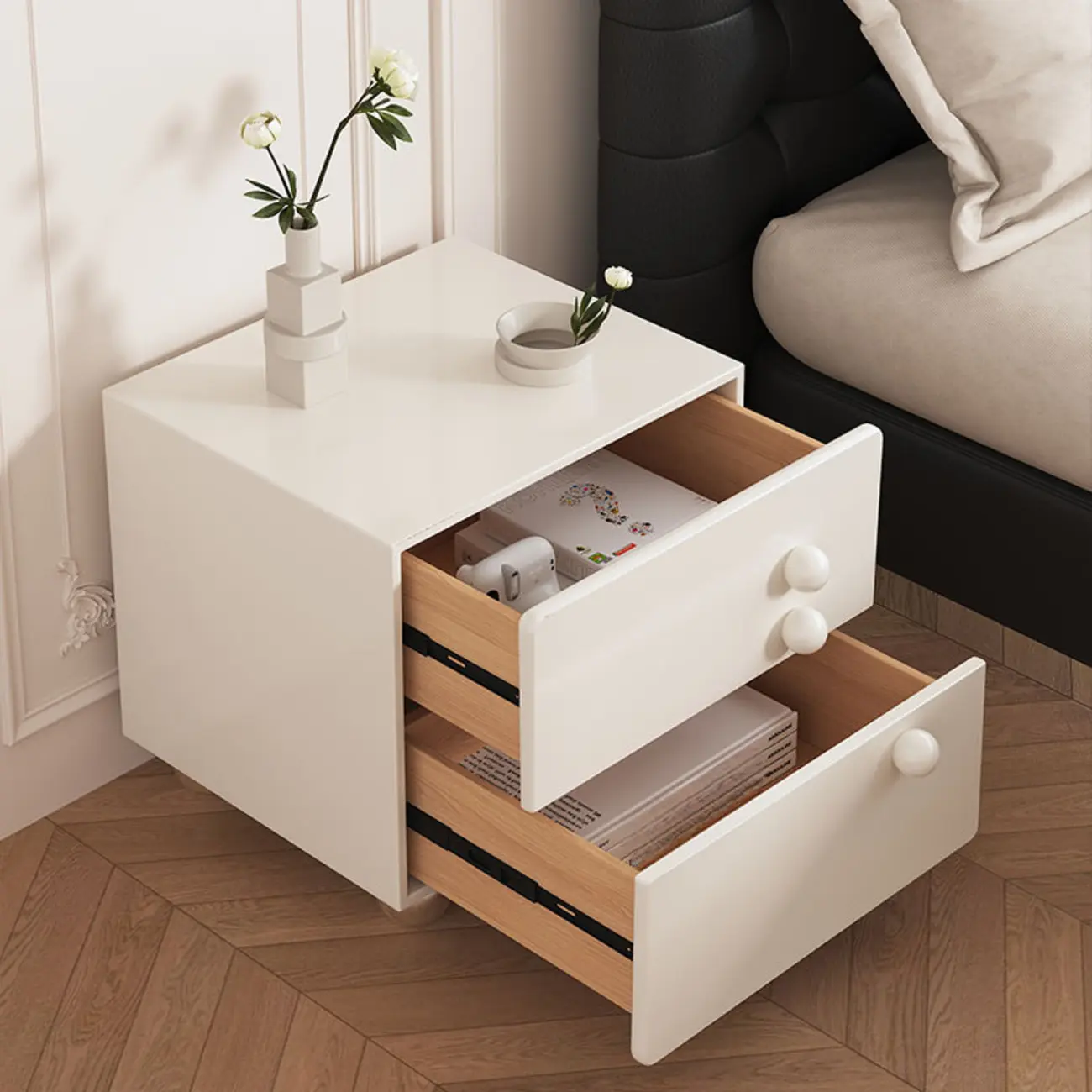 Contemporary Glossy Cream Wooden 2-Drawer Nightstand Image - 3 | homeyfad