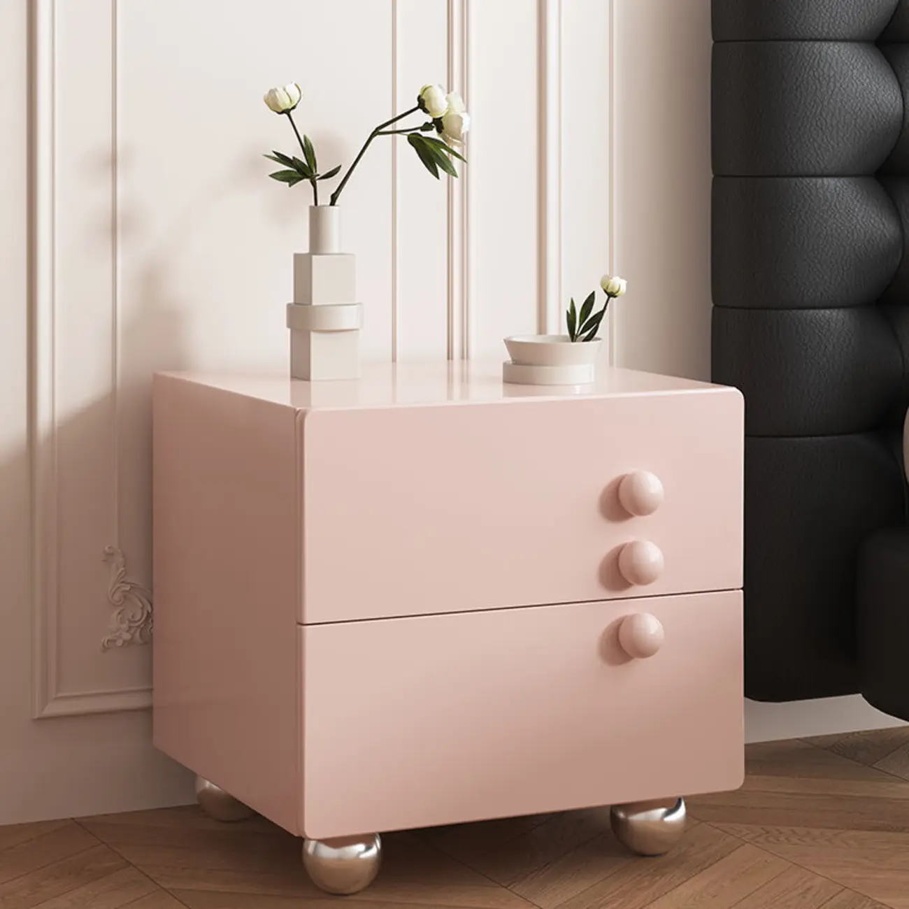 Contemporary Glossy Cream Wooden 2-Drawer Nightstand Image - 5 | homeyfad