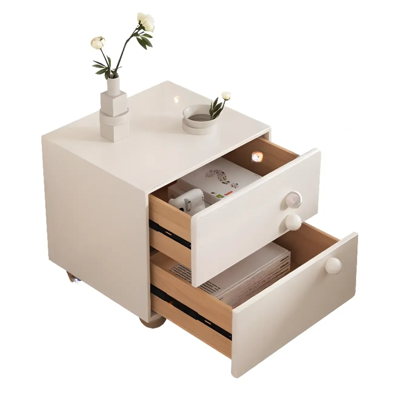 Contemporary Glossy Cream Wooden 2-Drawer Nightstand Image - 6
